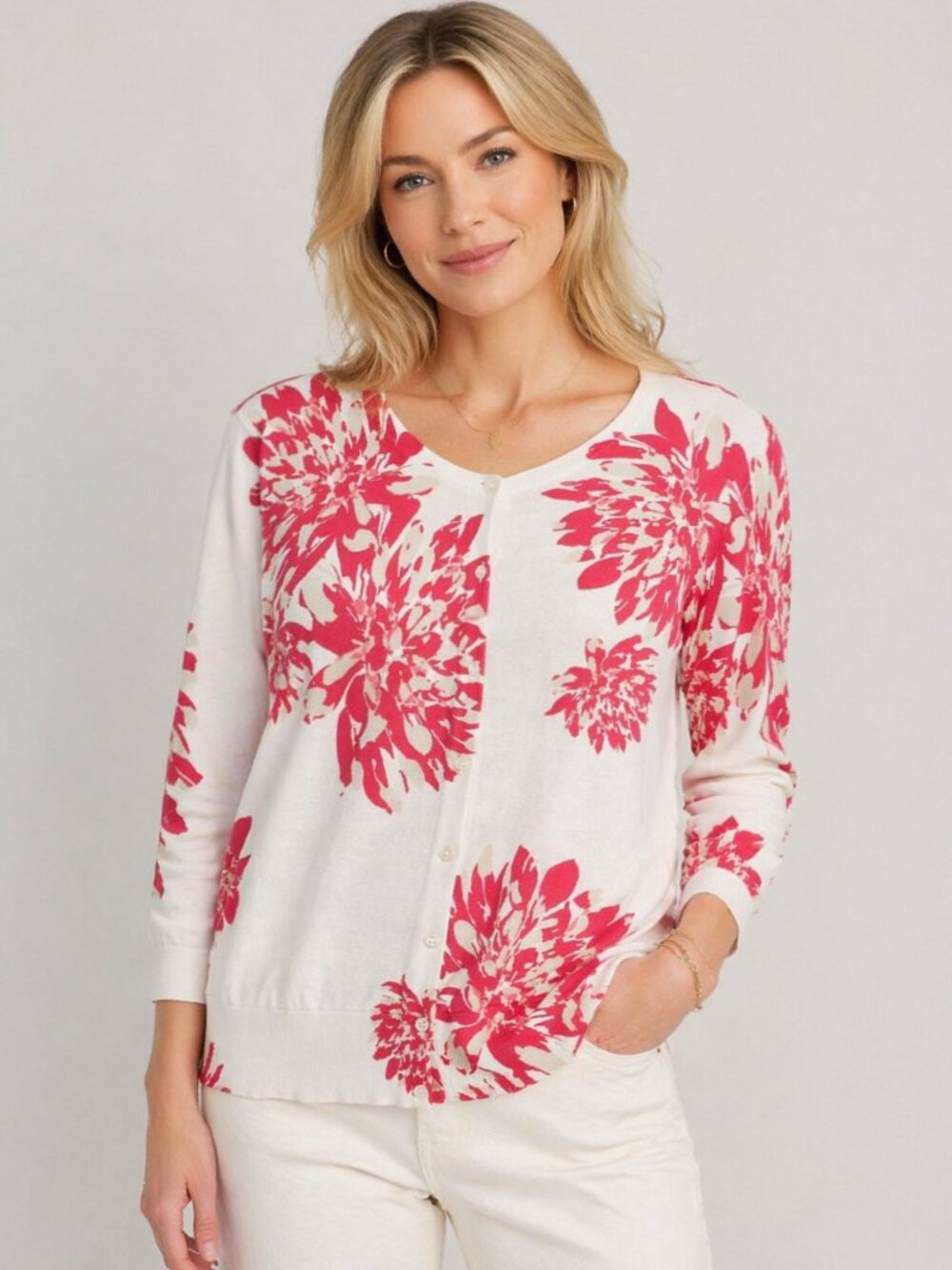 Ann Taylor Cream Pink Floral Cardigan Button Front Lightweight Cotton Sweater XL